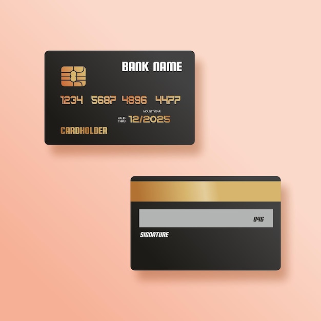 Cardholder, 3d credit card. the front side of the credit card and the back side of the card. black