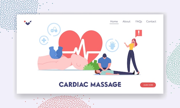 Vector cardiac massage landing page template. cardiopulmonary resuscitation, cpr emergency aid. medic character combine chest compression with artificial ventilation. cartoon people vector illustration