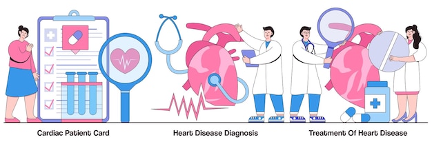 Vettore concetto di diagnosi e trattamento della malattia cardiaca della scheda del paziente con i caratteri delle persone pacchetto dell'illustrazione di vettore dell'attacco di cuore