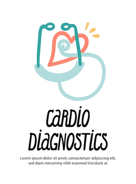 Cardiodiagnostica. poster o stampa con stetoscopio e cuore in stile cartone animato carino doodle vettoriale.