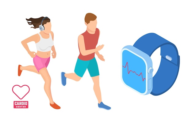 Concetto di allenamento cardio. corridori isometrici che monitorano l'attività cardiaca. illustrazione vettoriale di fitness intelligente. app salute sul dispositivo smartwatch gadget