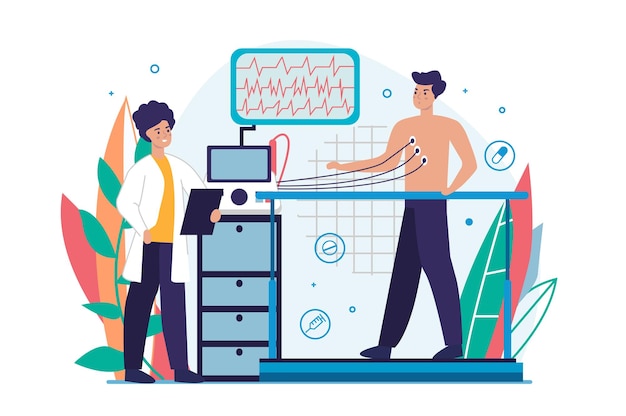 Vector cardiogram medicine concept with people scene in the flat cartoon design