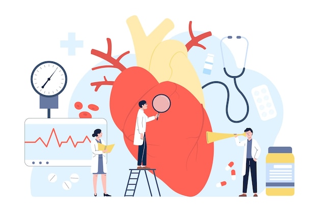 Vector cardiologie diagnostisch concept met kleine dokters en verpleegster cardioloog kijkt naar het hart van de patiënt voor operatie ziekenhuis werk recente vectorscène