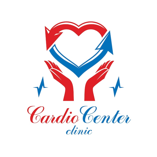 Cardiologie vector conceptuele embleem gemaakt met een hart pulserende elektrocardiogram. Cardiologie diagnose kliniek logo.