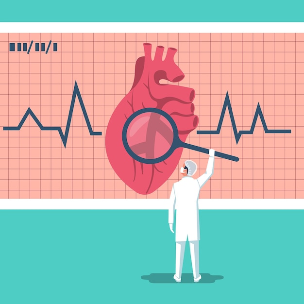 cardiologist doctor holds magnifying glass in hands looks to big human heart vector