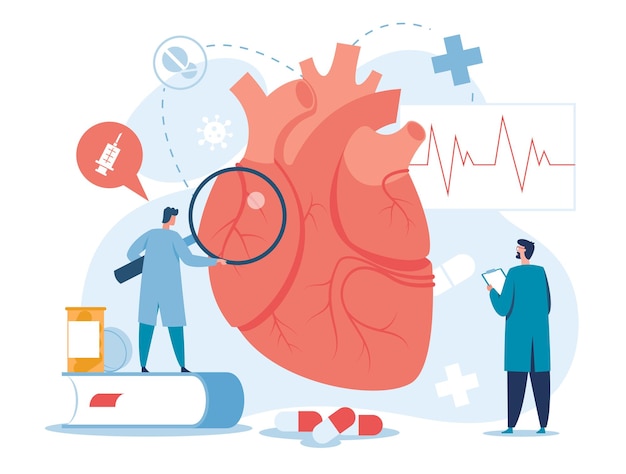 Vettore cardiologia cardiologi che esaminano il cuore vettore di trapianto di diagnostica medica di colesterolo alto high