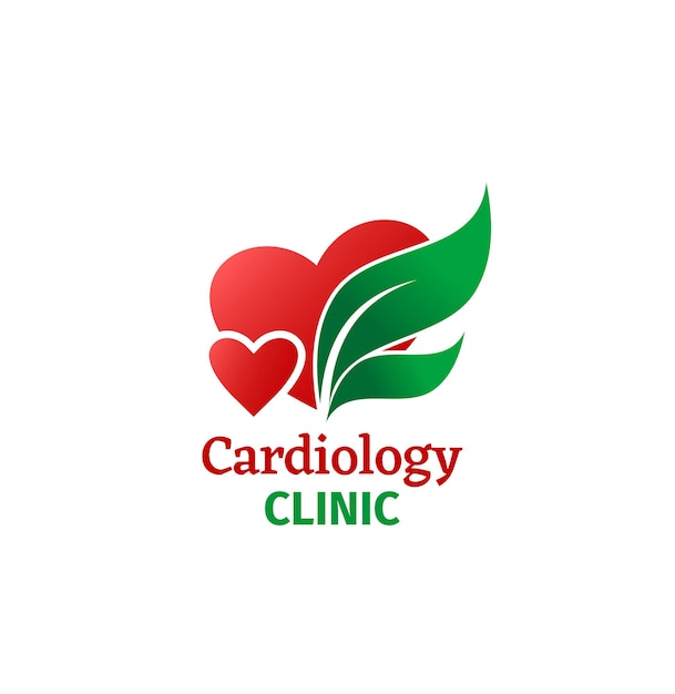 Icona della clinica di cardiologia, cuore con foglia verde