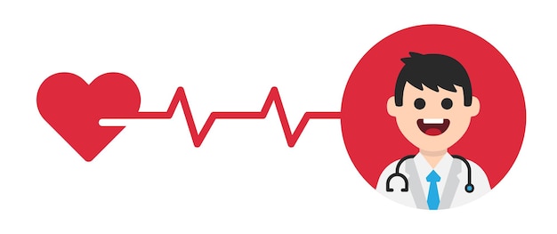 Cardioloog arts platte ontwerp karakter vectorillustratie. hart met pulse cardiologie concept.