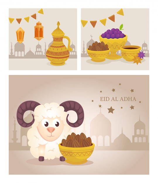 Carte, eid al adha mubarak, felice festa del sacrificio, con decorazioni