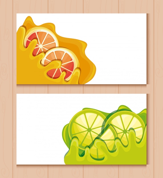 Vector cards and fresh oranges with lemons sliced fruit