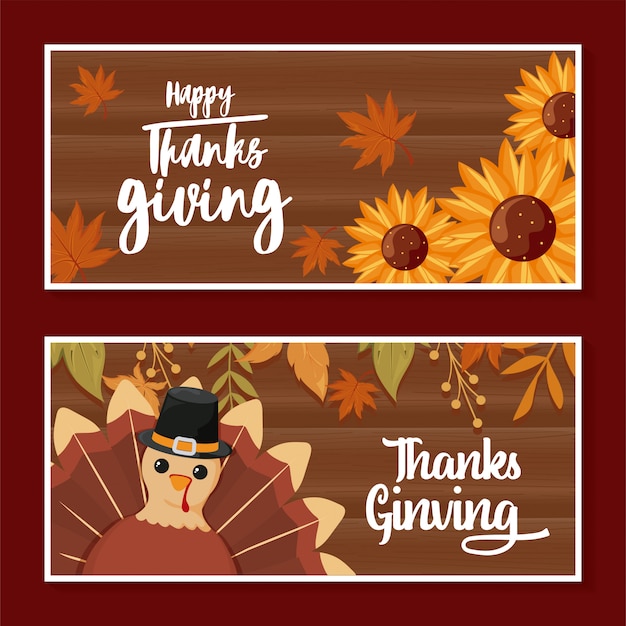 Vector cards of happy thanksgiving and cartoon turkey