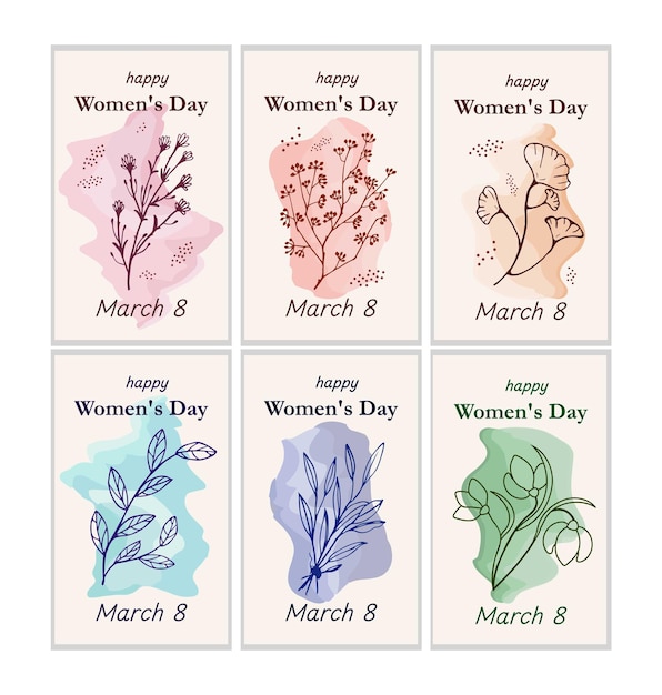Vettore carte per l'8 marzo con foglie fiori sullo sfondo ondulato tema fiori donne tenerezza primaverile