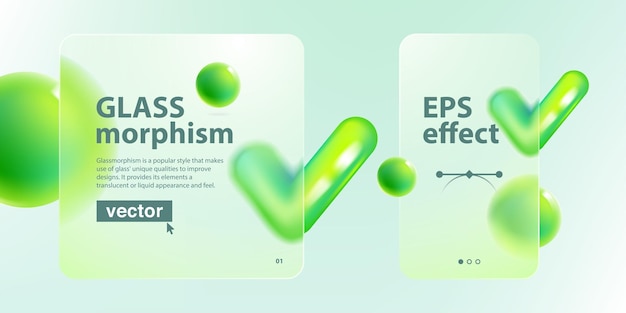 チェックマーク アイコンと緑色の球体を使用したグラスモーフィズム効果のカード画面