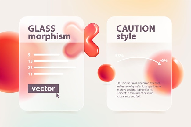 Vector cards screens in glassmorphism effect with red rejection logo