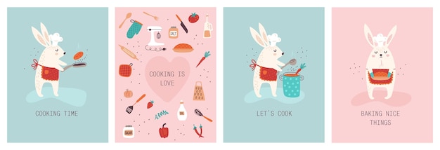 Cards set with rabbits and kitchen accessories food Bunny cooks food Vector illustrations