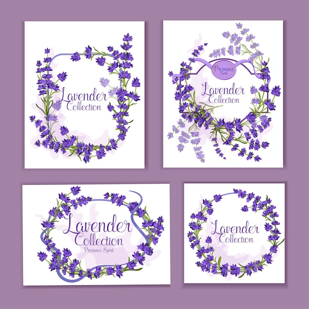 Cards set with realistic detailed flowers of lavender