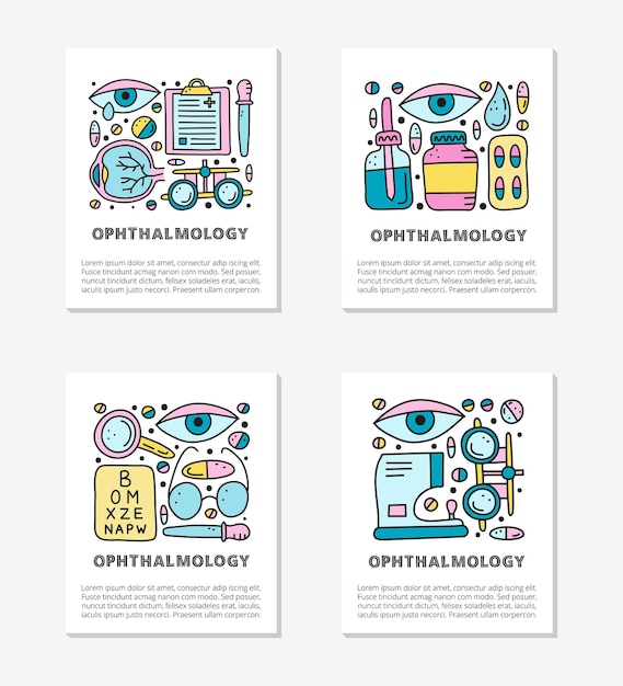 Cards with doodle colored ophthalmology icons