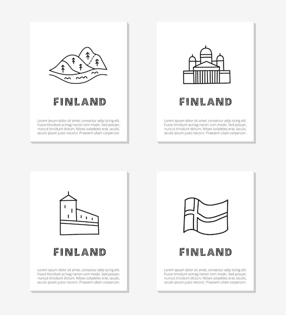 Cards with lettering and doodle outline finland icons