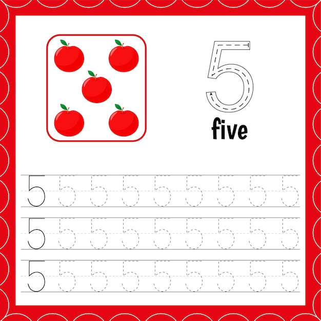 Cards with numbers for children Trace  For kids learning to count and to write Number five Apple