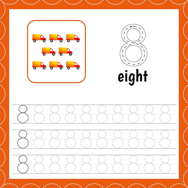 Cards with numbers for children Trace For kids Number eight Count cars Educational maths worksheets