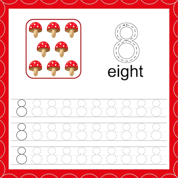 Cards with numbers for children Trace the line Count and write Number eight Count mushroom game