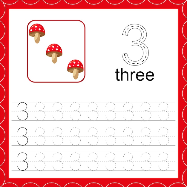 Cards with numbers for children Trace the line Count and write Number three Count mushroom game