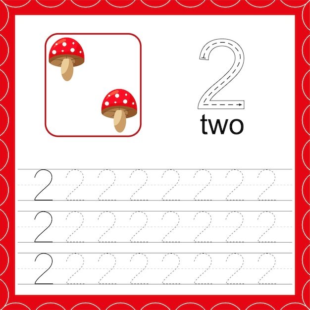 Cards with numbers for children Trace the line Count and write Number two Count mushroom game