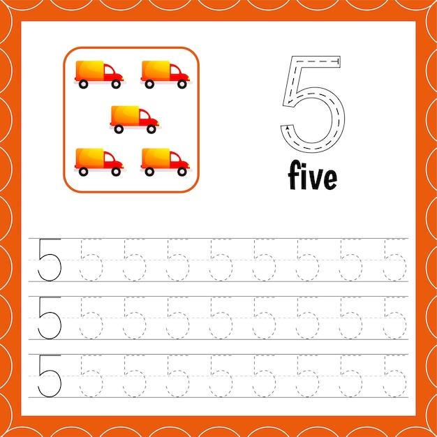 Cards with numbers for children trace the line for kids number five count cars maths worksheets