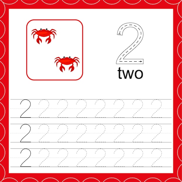 Cards with numbers for children Trace the line Number two Count crabs game Educational worksheets