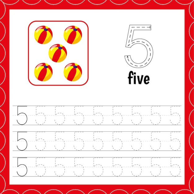 아이들을 위한 숫자가 있는 카드 라인을 따라가세요 아이들이 배우는 아이들을 위해 숫자를 세고 쓰기 숫자 5 공 세기