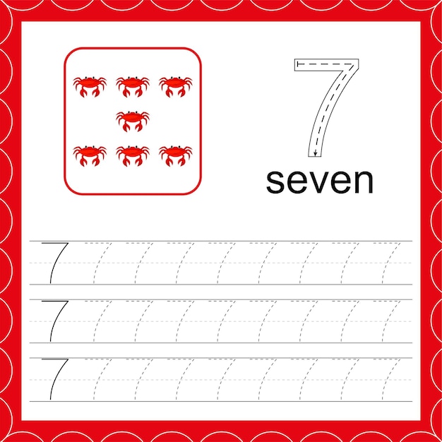 Cards with numbers for kid trace the line number seven count crabs game educational maths worksheets