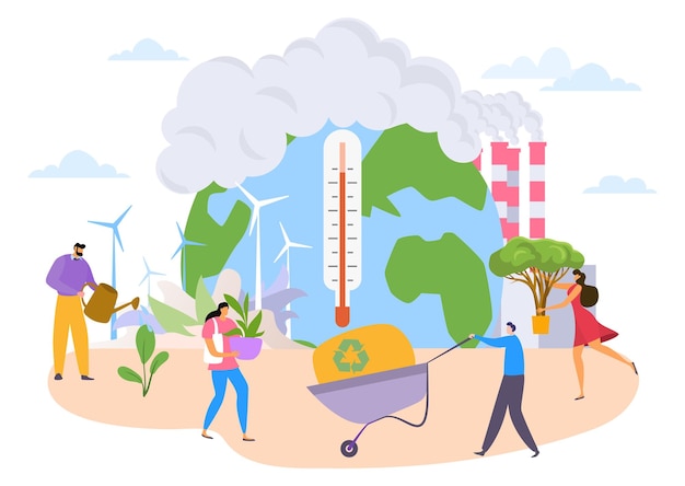 Vector care about earth ecology concept global warming vector illustration cartoon air pollution people