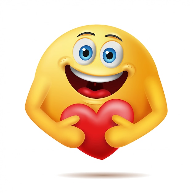 Cura i personaggi delle emoticon abbracciando un cuore rosso