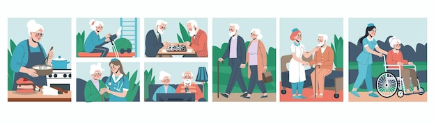 Care nurse Help to senior patient Hospital carer Nursing home Old men play chess Grandmother in wheelchair Happy older woman walking in clinic park Elderly couple leisure vector set