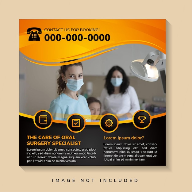 the care of oral surgery specialist square banner design template. Modern banner with orange wave