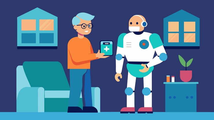 Vector a care robot follows an elderly man around his home reminding him to take his medication at the