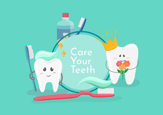 Care your teeth banner Poster with cute smiling cartoon teeth Stomatology dental concept