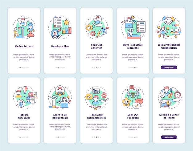 Career advancement onboarding mobile app page screen set