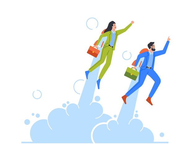 Career Boost Start Up Concept with Couple of Business Man or Woman Characters Flying Off with Jet Pack Illustration