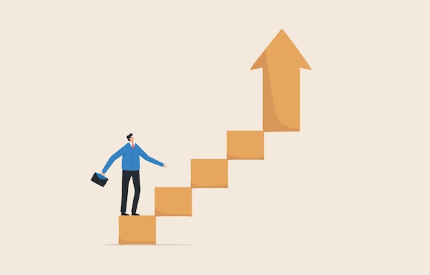 Career development or growth ladder to success selfawareness and improvement growing income or improve skill Businessman steps up the ladder of success with an up arrow