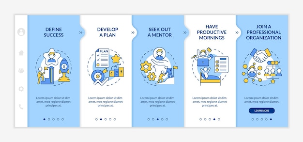 career development onboarding vector template. responsive mobile website with icons. web page walkthrough 5 step screens. professional growth color concept with linear illustrations