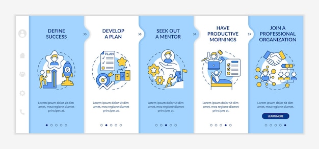 Modello vettoriale di onboarding per lo sviluppo della carriera. sito mobile reattivo con icone. procedura dettagliata della pagina web 5 schermate di passaggio. concetto di colore di crescita professionale con illustrazioni lineari