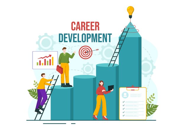 Vector career development vector illustration with ladder to success and growing revenue on improve bar graph in business goal flat background design