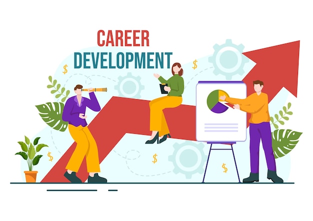 Vector career development vector illustration with ladder to success and growing revenue on improve bar graph in business goal flat background design