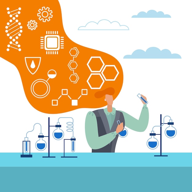 벡터 경력 여성 전문 과학자 여성 실험 화학자 연구원은 실험실 액체 벡터 만화 개념을 분석하는 유리 튜브 연구 동료 의사와 실험실에서 작업