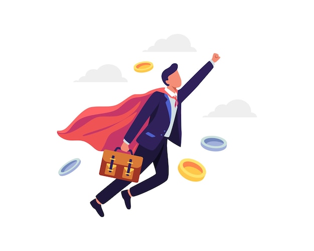 Career growth concept illustration. Super businessman flying up, Career boost, Fast business growth. Vector in a flat style