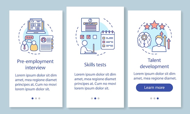 Career growth onboarding mobile app page screen with linear concepts. Employment test, recruitment. Job interview walkthrough steps graphic instructions. UX, UI, GUI vector template with illustrations