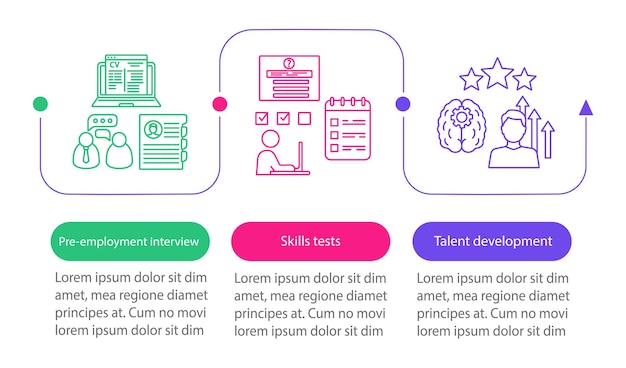 경력 성장 벡터 infographic 템플릿입니다. 비즈니스 프레젠테이션 디자인 요소입니다. 3단계 및 옵션이 있는 데이터 시각화. 프로세스 타임라인 차트. 선형 아이콘이 있는 워크플로 레이아웃