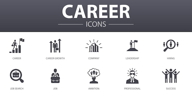 Career simple concept icons set. Contains such icons as company, leadership, hiring, job search and more, can be used for web, logo, UI/UX