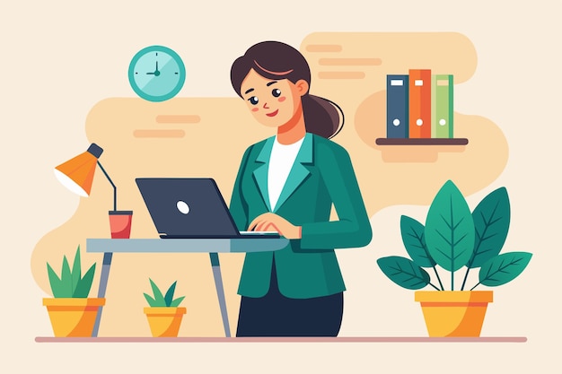 A career woman focused on her laptop checking business emails and typing a report A career woman is checking her business Simple and minimalist flat Vector Illustration